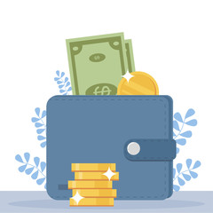Online money concept. Wallet with coins and bills in the smartphone screen. Cashback. Online rewards and income. Flat vector illustration