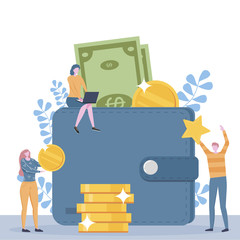 Online reward concept. Happy people receive from money from smartphone screen. Rank rating stars feedback. Online income. Flat vector illustration