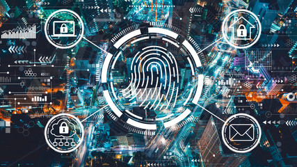 Fingerprint scanning theme with aerial view of Tokyo, Japan at night