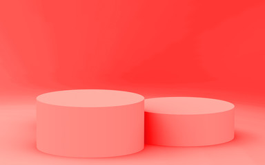 3d pink coral cylinder podium minimal corner studio background. Abstract 3d geometric shape object illustration render. Display for valentine product.