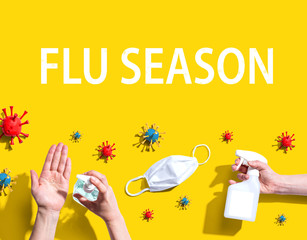 Flu Season Coronavirus theme with hygiene and viral objects