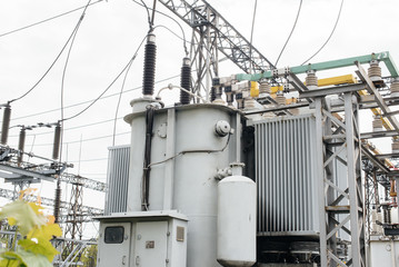 Power transformer at the electrical substation. Power engineering. Industry
