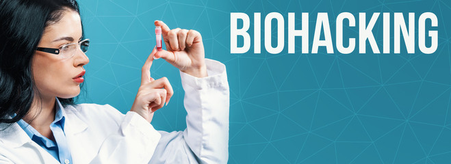 Biohacking theme with a doctor holding a laboratory vial on a blue background