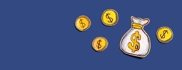 Money bag drawing - financial theme - flat lay