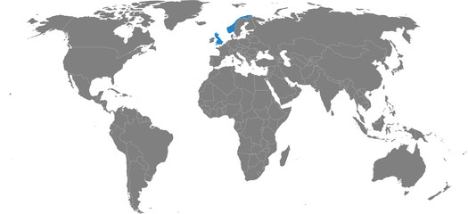 Fototapeta premium Wielka Brytania, kraje norwegia na białym tle na mapie świata. Jasnoszare tło. Koncepcje biznesowe, stosunki dyplomatyczne, handlowe i transportowe.