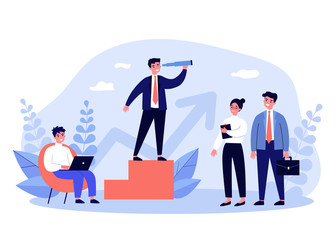 Business leader and his team. Businessman with spyglass looking faraway, managers with laptop and briefcase. Can be used for leadership, management, planning, training, challenge concept