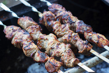 Meat shashlik on skewers, roasting on coals burning outdoors.