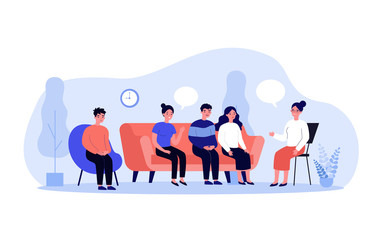 Group therapy conversation. Men and women sitting on couch together, discussing addiction problems with psychologist. Can be used for support session, counseling concept