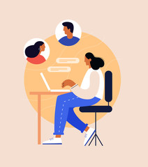 Young woman sits at a laptop and communicates online with colleagues at remote work. Online communication with self-isolation during quarantine. Colorful flat vector illustration.