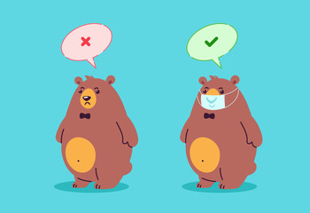 Wear a mask sign. Right is wearing mask, wrong is without mask - COVID virus outbreak - vector cartoon illustration - two bears characters with and without mask in corona virus infection prevention