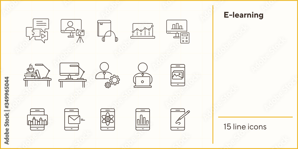 Poster e-learning line icon set. smartphone, computer, workstation. tutorial concept. can be used for topic
