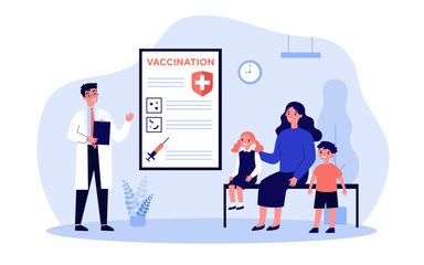 Mother with kids consulting pediatrician about vaccination in hospital. Doctor presenting vaccine. Can be used for healthcare, flu protection, disease prevention concept
