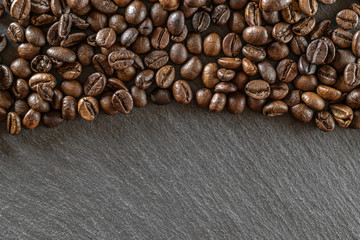 Cup coffee drink espresso background. Dark beans for black caffeine breakfast in cafe food. Brown roasted coffee seeds isolated for energy mocha, cappuccino ingredient. Copy space, top view