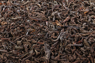 Dried Tea Leaves. The texture of large leaf black tea. Closeup. Full depth of field.