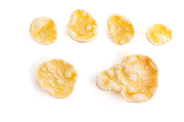 Breakfast cereals isolated on a white background. Glazed cornflakes for breakfast best with milk. Diet, clean eating concept. Antioxidant, omega-3, protein, mineral nutrients - vegetarian diet concept