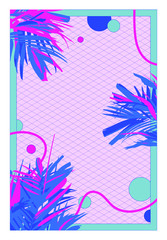 Fototapeta na wymiar card / background design of tropical exotic plants in pastel neon saturation color and grid isometric lines, retrtowave elements style, simple and minimal flat design template