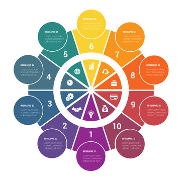Colorful circular infographics from ring and circles. 10 positions for textual information. Use for business presentations is possible.