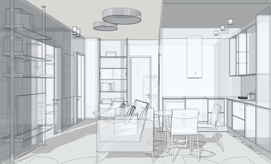 Illustration of apartment in blueprint style. Line sketch of the interior living room.