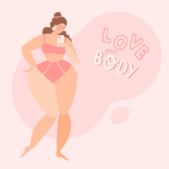 Beautiful plus size girl. Vector overweight woman taking selfie. Body positive lettering for card on pink background