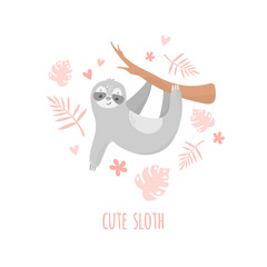 Vector hand draw sloth on white background. Cute animal illustration with text