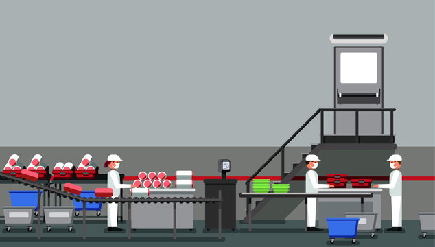 Meat factory with workers, industrial equipment, interior of the factory, social distancing, food industry vector illustration