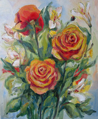 Bouquet of orange and yellow roses, oil painting