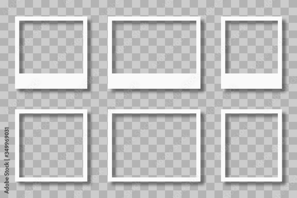 Poster Photo frames mockup on transparent background with shadow. Set of empty white photo frame. Image borders for post on social networks. Vector illustration.