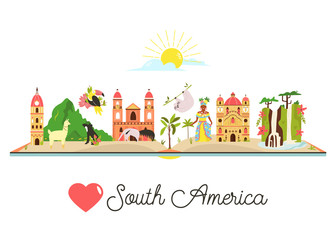 Tourist poster with symbols, animals of South America