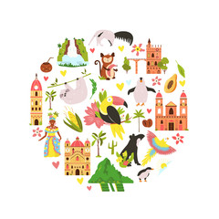 Decorative banner with symbols, animals of South America