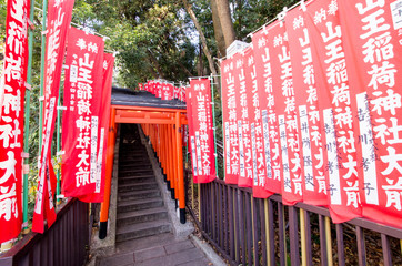 Red Torii and Red Flags Staircase Tunnel in Hie Shrine, Tokyo, Japan