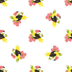Bright vector seamless pattern with beautiful toucans