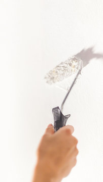 Human hand with small paint roller begins to paint a white wall craft education contrast color sample color test tool renovation do it yourself