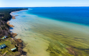 Aerial view of spring landscape lake. Lake Naroch, Minsk region, Belarus