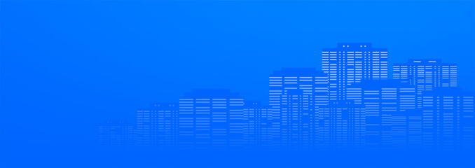 Horizontal banner with night city. Silhouettes of houses and skyscrapers. Place for text. Vector illustration in dark blue colors.