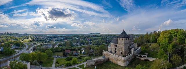 Panoramic aerial drone view on Bedzin and castle on the hill.