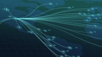 World map with connections. Flat 2D vector graphs and charts with data points indicators of departures and arrivals from the USA America to other countries. Global Trading. Futuristic 4K 3D Animation