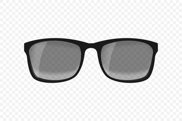 Realistic Sun glasses. Front view black glasses with glares. Vector illustration isolated on transparent background.