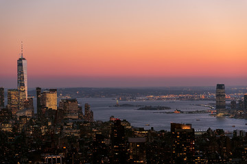One World Trade Center at sunset with no clouds, viewed from the Rockefeller (Top of the Rock). 