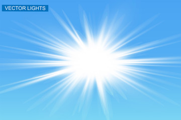 low light effect. Starburst with sparkles on blue background. Vector illustration. Sun