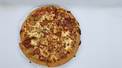 Delicious Clean Tasty Meat and Sausage Italian Pizza Dishes in White Isolated Background