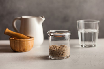 Obraz na płótnie Canvas Sourdough for bread is active. Homemade rye grain flour sourdough. Starter leaven. Healthy eating concept. Copy space