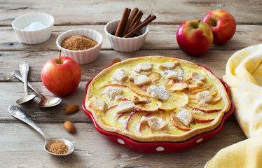 Homemade apple pie  in red cooking tray close up