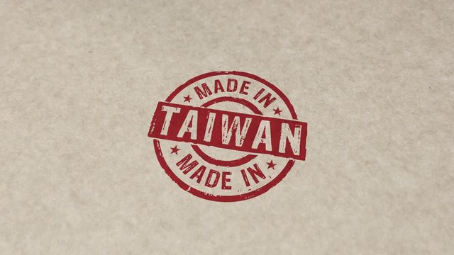 Made in Taiwan stamp and hand stamping impact animation. Factory, business, export, manufacturing and production country 3D rendered concept.