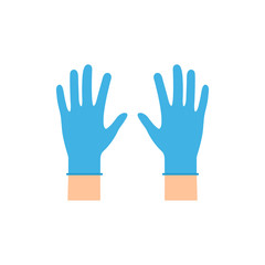 Obraz premium Hands putting on protective blue latex gloves. Protection symbol against chemistry, viruses and bacteria vector illustration isolated on white background.