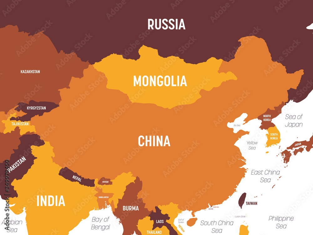 Wall mural china map - brown orange hue colored on dark background. high detailed political map of china and ne