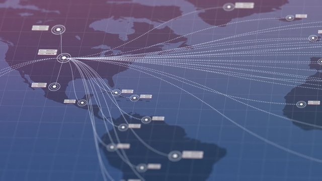 World map with connections. Flat 2D vector graphs and charts with data points indicators of departures and arrivals from the USA America to other countries. Global Trading. Futuristic 4K 3D Animation