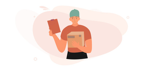 Delivery courier man holding package with delivery truck on background Vector Illustrations