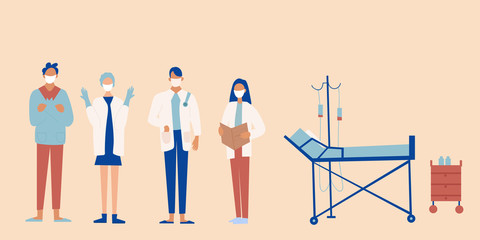 Group of doctors. Team of medical workers on a brown background. Vector illustration
