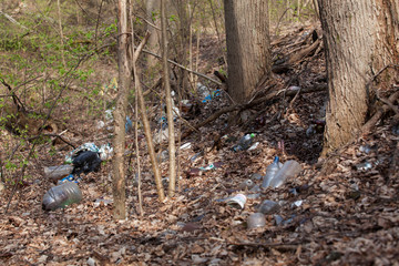 Landfill at the edge of the forest. Plastic bottles, bags, cans and other rubbish pollute the environment