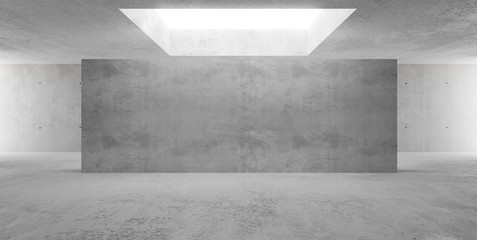 Abstract empty, modern, wide concrete walls hallway room with indirekt ceiling light and ceter wall - industrial interior background template - obrazy, fototapety, plakaty
